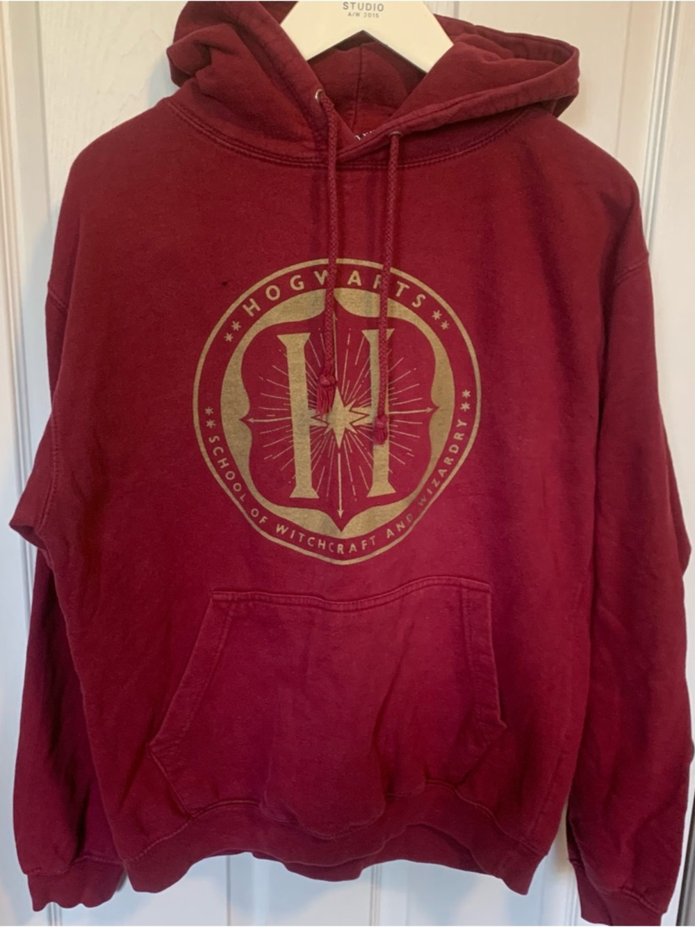 Maroon Graphic Crewneck Hoodie with Gold Crest